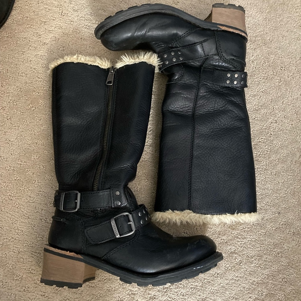Caterpillar boots women UK leather biker faux fur chunky heels moto 6 wide width